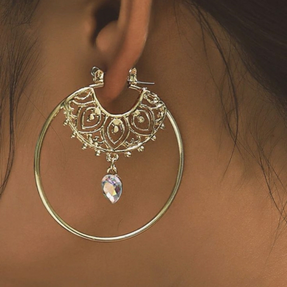 Gold Hoop Earrings, Esmeralda Tribal, with Filigree and Crystal Accent, NWT